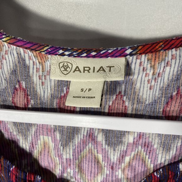 1-6 ARIAT multicolor geometric 3/4 sleeves rayon top S - Picture 5 of 8